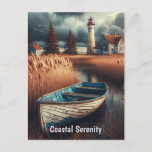 Coastal Serenity: Lighthouse and Rowboat Postcard