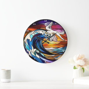 Coastal Serenity" - Stained Glass Ocean Waves Wall Large Clock