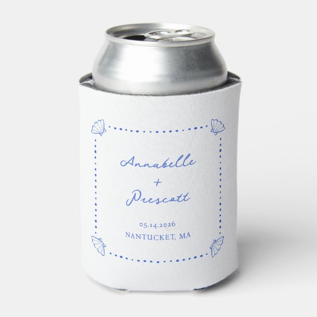 Coastal Shell Blue Border Personalized Wedding Can Cooler (Can Front)