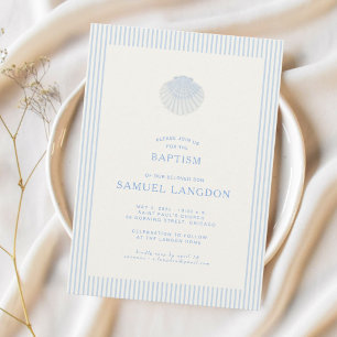 Coastal shell blue striped baptism Invitation