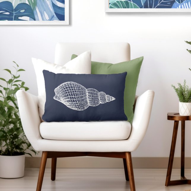 Coastal Shell Navy Blue White Lumbar Pillow (Coastal Elegance Redefined: Explore Totally Coast's Exclusive Lumbar Pillow Designs)