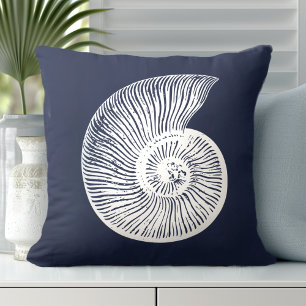 Coastal Shell Navy Blue White Throw Pillow