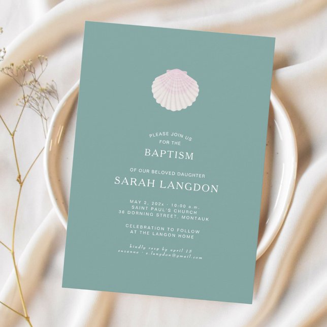 Coastal shell sage green pink baptism Invitation (Créateur téléchargé)