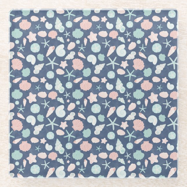 Coastal Shells Beach & Ocean Design Glass Coaster (Front)