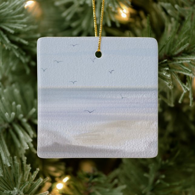 Coastal Shoreline Beach Watercolor Ceramic Ornament (Tree)