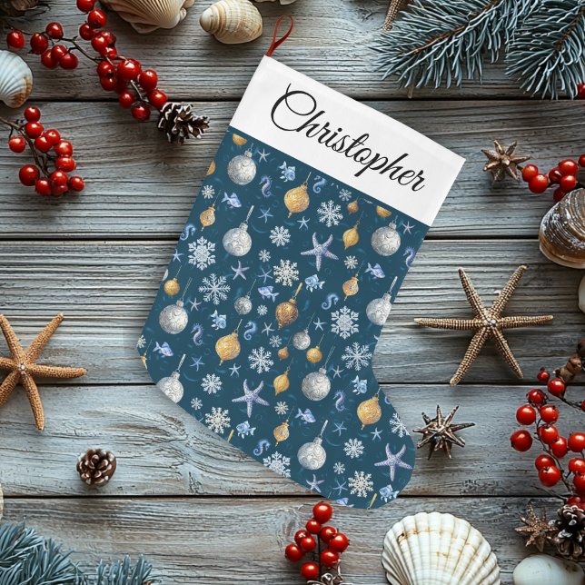 Coastal Snowflakes & Nautical Elements Large Christmas Stocking (Coastal Snowflakes & Nautical Elements Large Christmas Stocking)