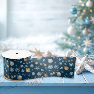 Coastal Snowflakes & Nautical Elements Pattern Satin Ribbon