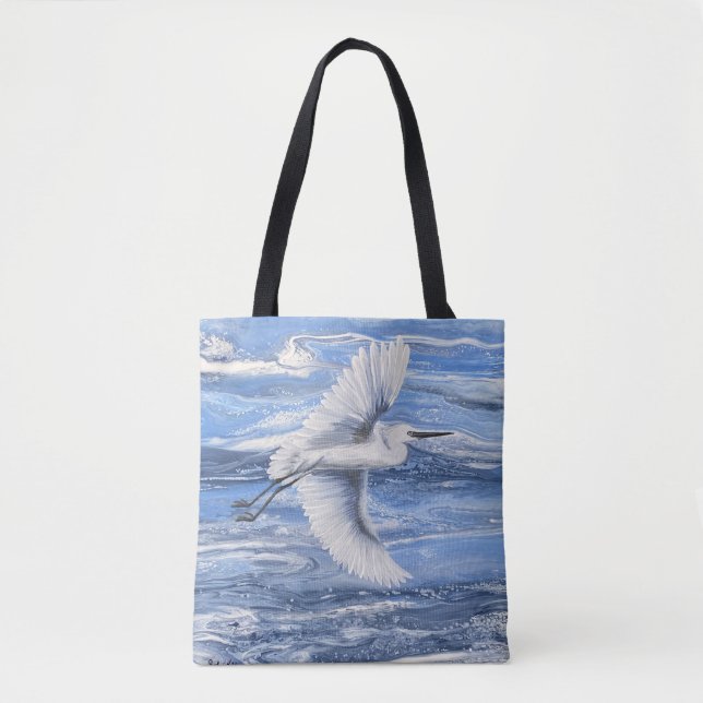 Coastal snowy egret blue tote bag (Front)