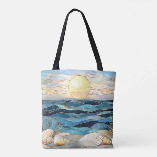 Coastal Stained Glass Ocean Sunset Tote Bag (Dos)