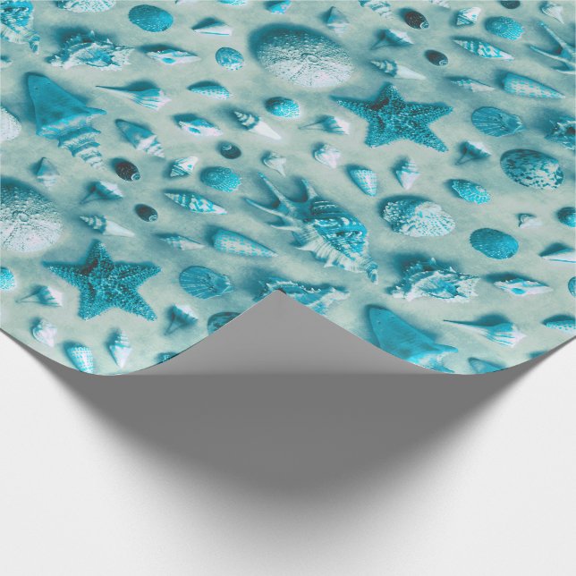 Coastal Starfish and Seashells Beach Photo Aqua Wrapping Paper (Corner)