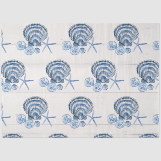 Coastal Starfish Beach Seashells Blue White Wood T Tissue Paper (Front)