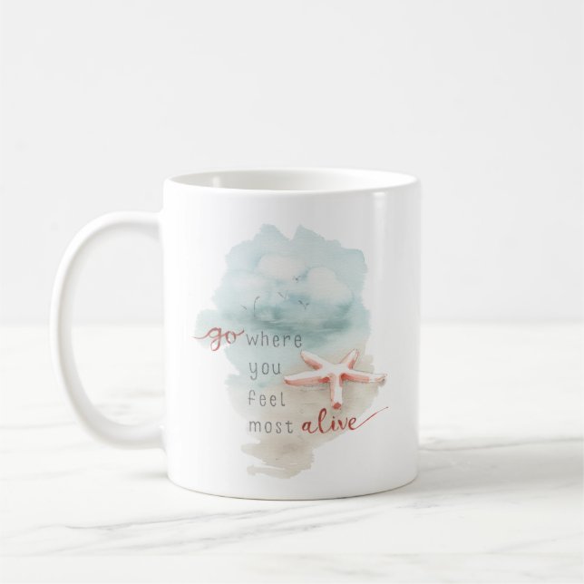 Coastal Starfish Beach Watercolor Quote Coffee Mug (Left)