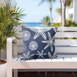 Coastal Starfish Blue White Outdoor Pillow