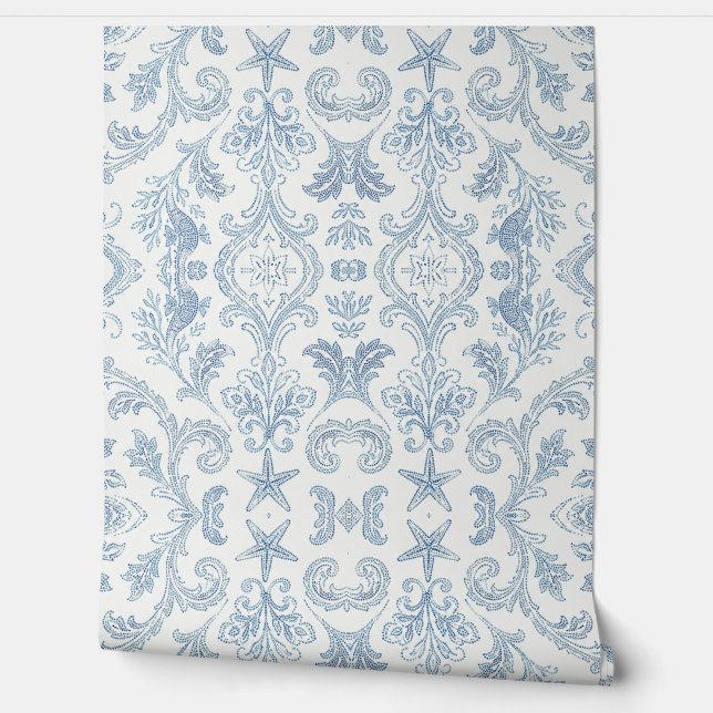 Coastal Starfish Damask Wallpaper - Beach House (Unrolling)