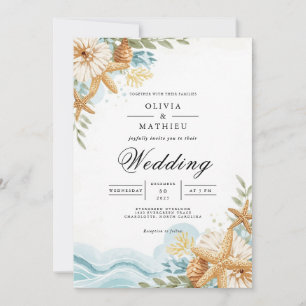 Coastal Starfish Floral Beach Wedding Invitation