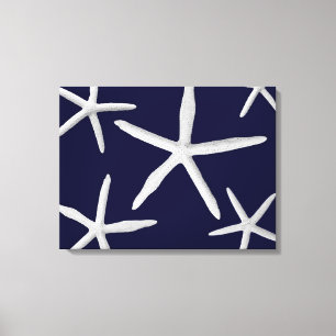 Coastal Starfish Navy Blue White Tropical Fine Art Canvas Print
