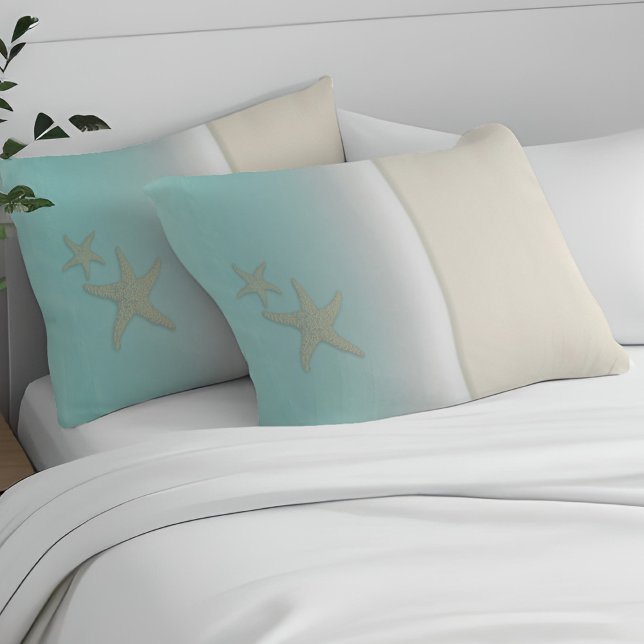 Coastal Starfish Ocean Beach Sand & Aqua Water Pillowcase (Creator Uploaded)