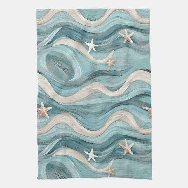 Coastal Starfish on Aqua Sand Waves Pattern (10) Kitchen Towel (Vertical)