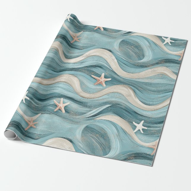 Coastal Starfish on Aqua Sand Waves Pattern (10) Wrapping Paper (Unrolled)