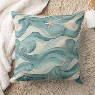 Coastal Starfish on Aqua Sand Waves Pattern (11) Throw Pillow
