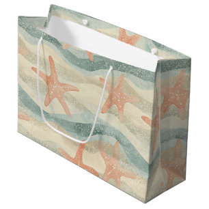 Coastal Starfish on Aqua Sand Waves Pattern (1) Large Gift Bag