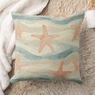 Coastal Starfish on Aqua Sand Waves Pattern (1) Throw Pillow