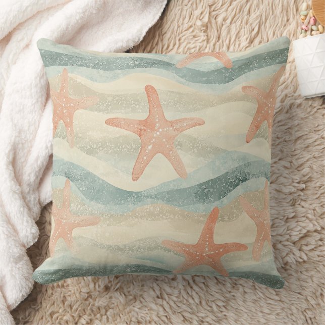 Coastal Starfish on Aqua Sand Waves Pattern (1) Throw Pillow (Blanket)