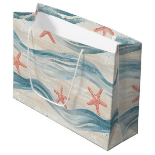 Coastal Starfish on Aqua Sand Waves Pattern (2) Large Gift Bag
