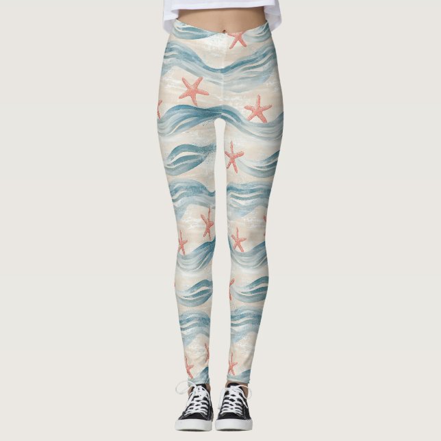 Coastal Starfish on Aqua Sand Waves Pattern (2) Leggings (Front)