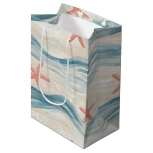 Coastal Starfish on Aqua Sand Waves Pattern (2) Medium Gift Bag