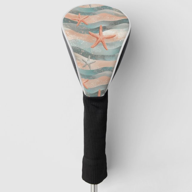 Coastal Starfish on Aqua Sand Waves Pattern (3) Golf Head Cover (Front)