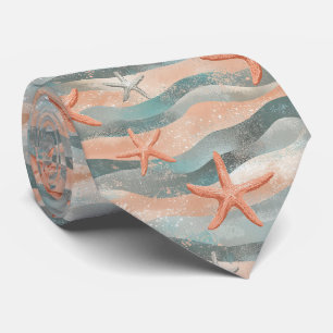 Coastal Starfish on Aqua Sand Waves Pattern (3) Tie