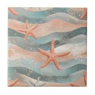 Coastal Starfish on Aqua Sand Waves Pattern (3) Tile