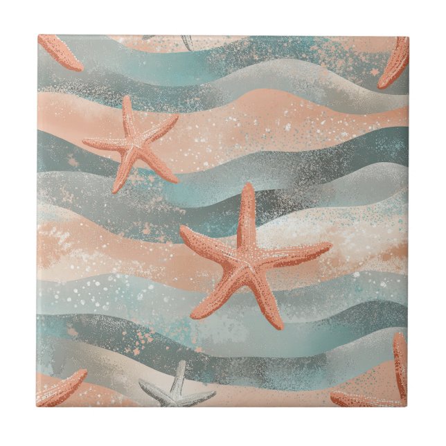 Coastal Starfish on Aqua Sand Waves Pattern (3) Tile (Front)