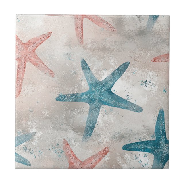 Coastal Starfish on Aqua Sand Waves Pattern (4) Tile (Front)