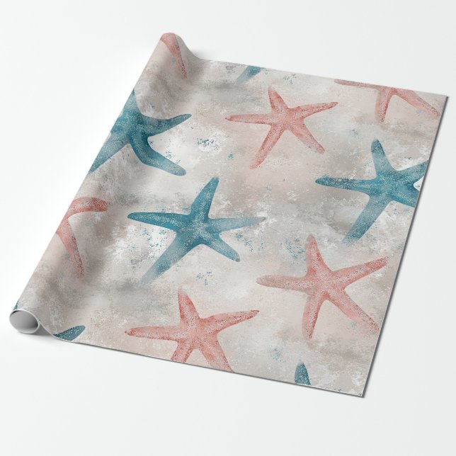 Coastal Starfish on Aqua Sand Waves Pattern (4) Wrapping Paper (Unrolled)