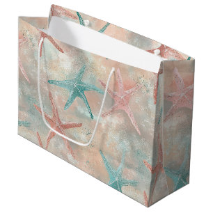 Coastal Starfish on Aqua Sand Waves Pattern (5) Large Gift Bag