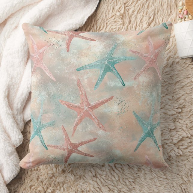Coastal Starfish on Aqua Sand Waves Pattern (5) Throw Pillow (Blanket)
