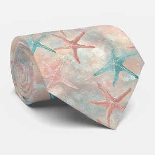 Coastal Starfish on Aqua Sand Waves Pattern (5) Tie