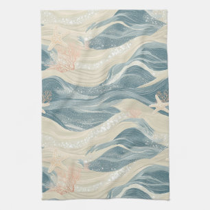 Coastal Starfish on Aqua Sand Waves Pattern (6) Kitchen Towel