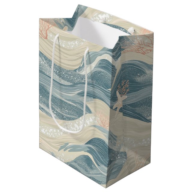 Coastal Starfish on Aqua Sand Waves Pattern (6) Medium Gift Bag (Front Angled)