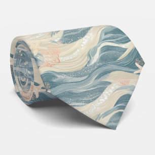 Coastal Starfish on Aqua Sand Waves Pattern (6) Tie