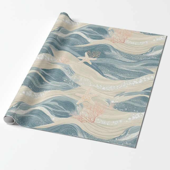 Coastal Starfish on Aqua Sand Waves Pattern (6) Wrapping Paper (Unrolled)