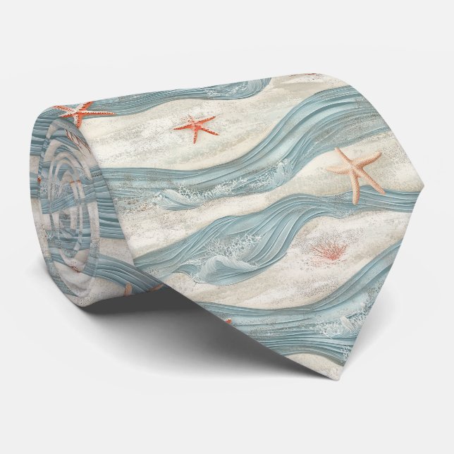 Coastal Starfish on Aqua Sand Waves Pattern (7) Tie (Rolled)