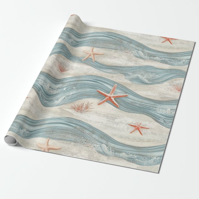 Coastal Starfish on Aqua Sand Waves Pattern (7) Wrapping Paper (Unrolled)