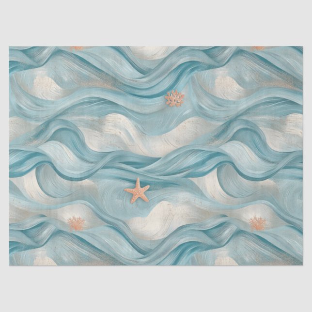 Coastal Starfish on Aqua Sand Waves Pattern (9) Tissue Paper (Front)