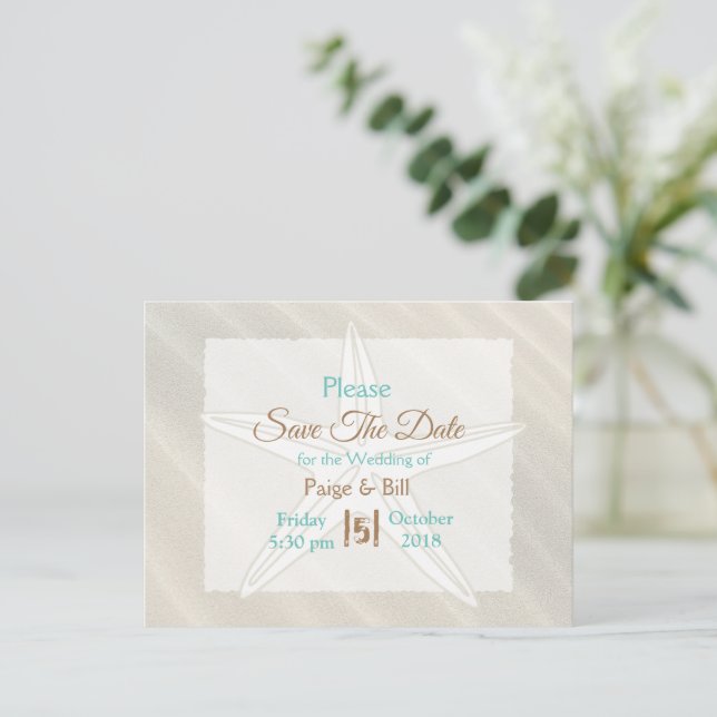 Coastal Starfish Wedding Save the Date Postcard (Standing Front)