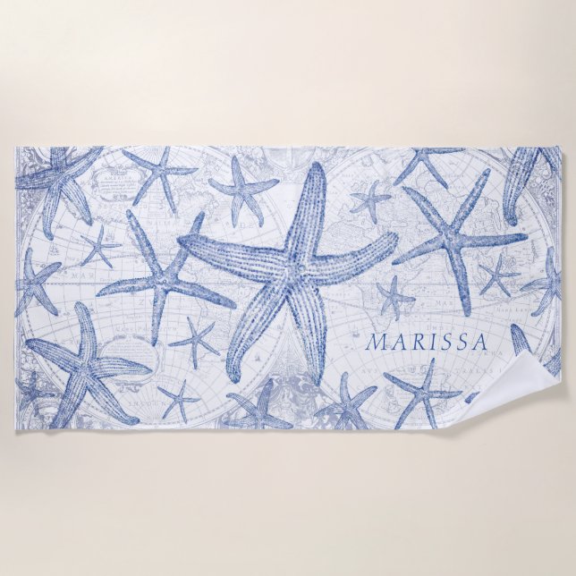 Coastal Starfish World Map Monogrammed Name Beach Towel (Front)