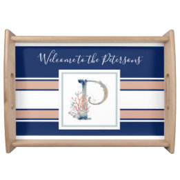 Coastal style beautiful navy pink coral  serving tray