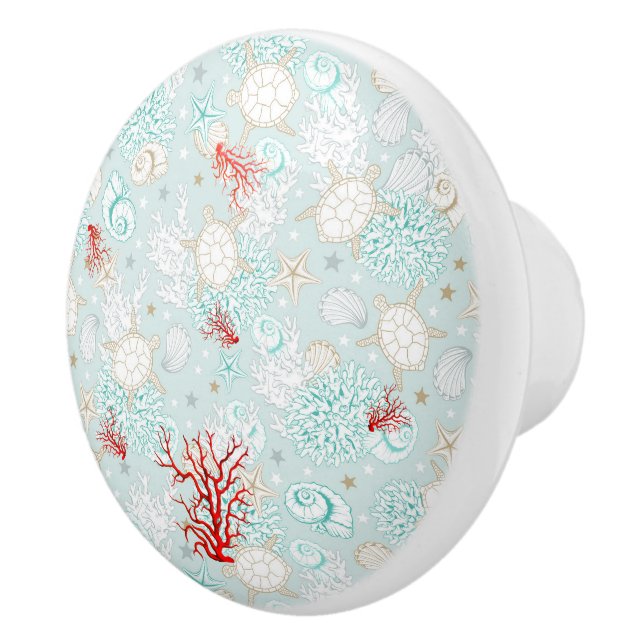Coastal style beautiful turquoise red coral  ceramic knob (Right)